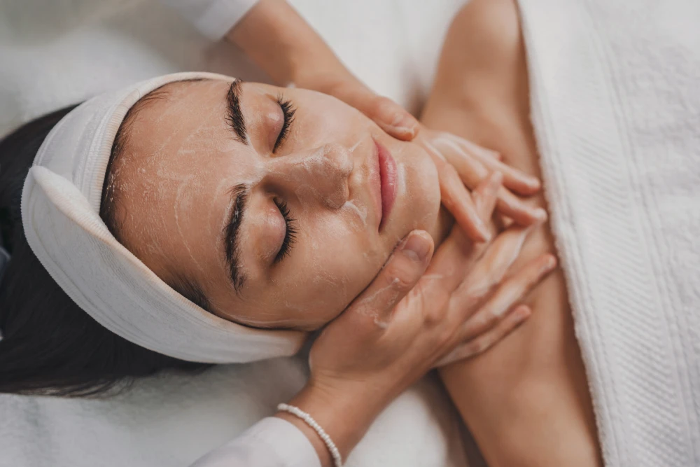 Med spa facial chemical peel session in progress.
