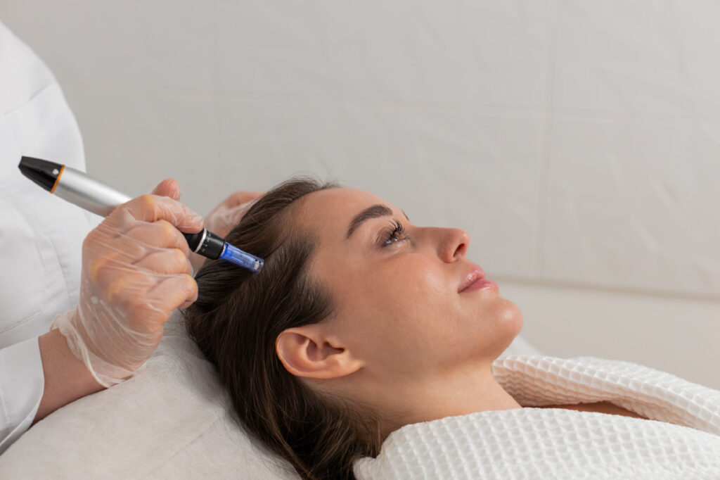 practitioner holding a handheld device against the side of a woman’s scalp as she lies on a treatment bed